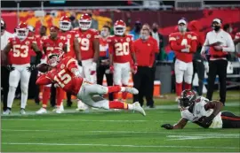  ?? The Associated Press ?? Kansas City Chiefs quarterbac­k Patrick Mahomes passes against the Tampa Bay Buccaneers during the second half of Super Bowl 55 on Sunday in Tampa, Fla.