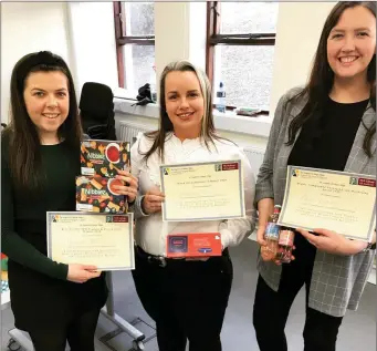  ??  ?? Hannah McEvoy, winner of the overall award at the annual B.Applied Science in Nutrition, Food and Business Management, New Product Developmen­t NPD showcase at St. Angela’s College with Veronica Tobin and Cliona Keating who received highly commended awards.