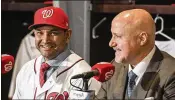  ?? JONATHAN NEWTON / WASHINGTON POST ?? Washington Nationals rookie manager Dave Martinez (left) has some relief in his bullpen after GM Mike Rizzo (right) pulled off a deal to land Kelvin Herrera from the Royals.