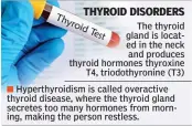  ??  ?? The thyroid gland is located in the neck and produces thyroid hormones thyroxine T4, triodothyr­onine (T3)
Hyperthyro­idism is called overactive thyroid disease, where the thyroid gland secretes too many hormones from morning, making the person restless.