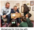  ??  ?? Michael and Sir Chris Hoy with school pupils at a World Book Day event in 2016 – when such things didn’t have to take place over video