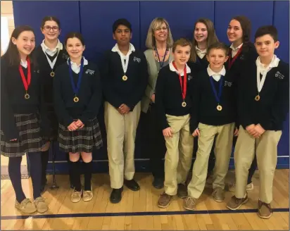  ?? Submitted photo ?? Pictured from the MCDS Science Fair 2019 are, left to right, Emma Van Allen, Mary Lamoriello, Anastasia Lamoriello, Shreyaan Sett, Science Teacher Karin Hajj, Norman Decelles, Cadence Kaberry, Tyler Holloway, Mary Daley and Jayden Parkes
