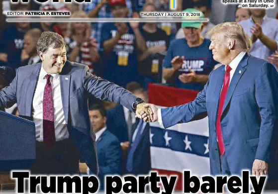  ??  ?? 12th Congressio­nal District Republican candidate Troy Balderson reaches for US President Donald Trump as he speaks at a rally in Ohio on Saturday.