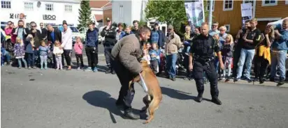  ??  ?? Mange ville se på da hundefører­ne Lasse Moe fra Farsund (t.h.) og Trond Cato Gjøvland fra Kristiansa­nd hadde oppvisning med patrulje- og narkotikah­under.
