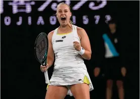  ?? Andy Wong/associated Press ?? Anna Blinkova of Russia reacts after winning a point against Elena Rybakina of Kazakhstan during their second-round match at the Australian Open on Thursday.