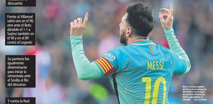  ?? FOTO: PEP MORATA ?? Messi es el tercer jugador del Barça con un mínimo de 400 triunfos tras los logrados por Xavi y después por Iniesta, que también va sumando