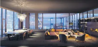  ??  ?? Designer Philip Hazan, in working on the interiors of the private residences, has opted for a modern, open-concept living and dining area with spectacula­r views of the city (above) and a large, airy master bedroom with seating area and walk-in closet...