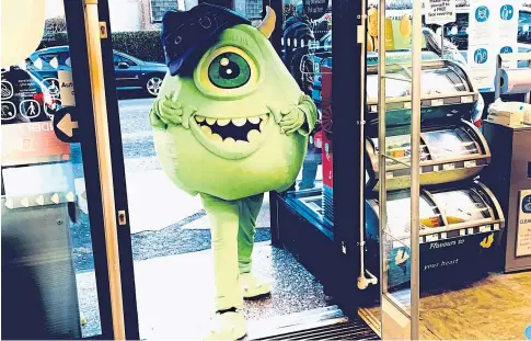  ??  ?? “SPREADING JOY”: Monster Inc’s Mike is a popular figure in Letham alongside fellow movie character Sully.