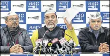  ?? ANUSHREE FADNAVIS/HT ?? Senior AAP leader Gopal Rai (centre) addresses a press conference in New Delhi on Saturday.