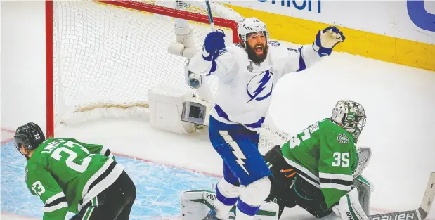  ?? Pery Nelson / USA TODAY Sports ?? Tampa Bay Lightning forward Patrick Maroon celebrates a goal by centre Blake Coleman against the Dallas Stars during Monday’s game.