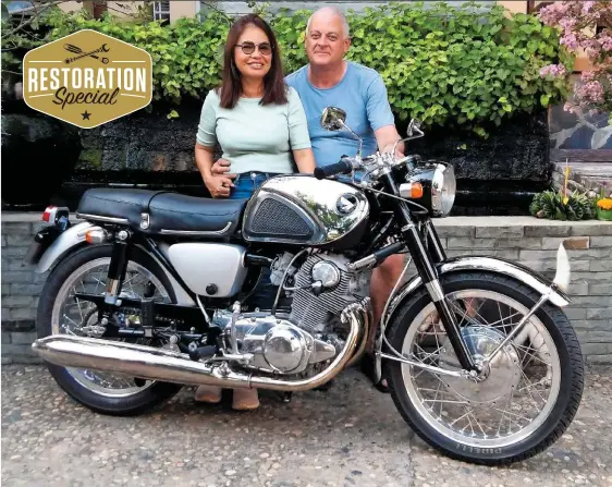  ??  ?? ABOVE: Grant, wife Chalida and his Honda CB outside their Thai home. He’s got all the boxes ticked...