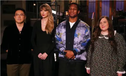  ?? ?? Bowen Yang, musical guest Taylor Swift, host Jonathan Majors and Aidy Bryant. Photograph: NBC/NBCU Photo Bank/Getty Images