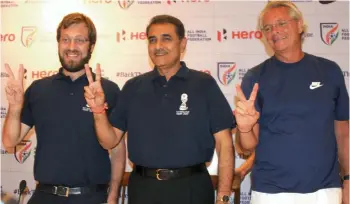 ?? — BIPLAB BANERJEE ?? Fifa U-17 World Cup tournament director Javier Ceppi (from left), AIFF president Praful Patel and India Under-17 coach Luis Nortan De Matos in New Delhi on Tuesday.