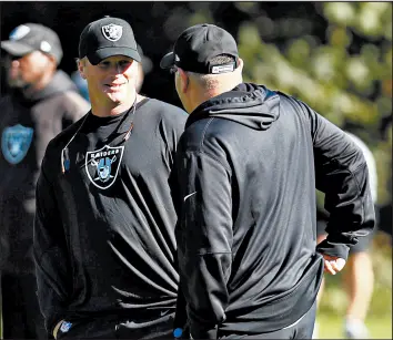  ?? LEILA COKER/AP ?? Raiders coach Jon Gruden, left, supervises a training session Wednesday in England.