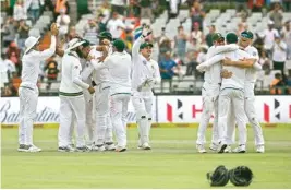  ?? PIC/PTI ?? South Africa celebrate after defeating India by 72 runs on the fourth day of the first Test at Newlands Stadium in Cape Town