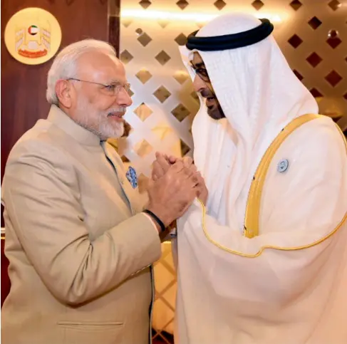  ?? Picture courtesy: Twitter ?? Sheikh Mohamed bin Zayed receives Narendra Modi in Abu Dhabi on Saturday. The Indian PM is in the UAE on a two-day visit. —