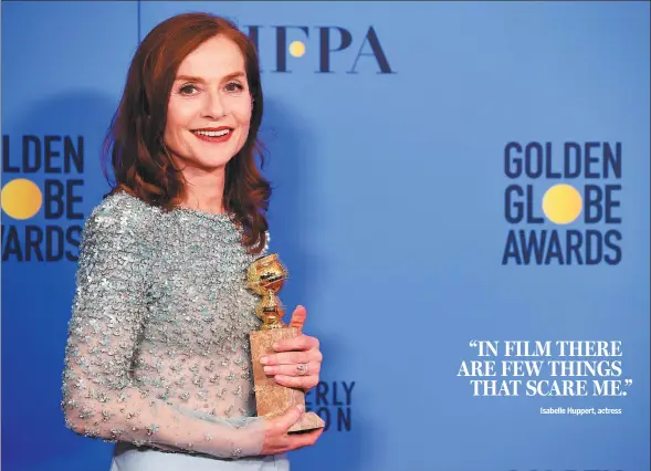  ?? ROBYN BECK / AFP ?? Actress Isabelle Huppert, winner of Best Actress in a Motion Picture — Drama for Elle, poses in the press room during the 74th Annual Golden Globe Awards.