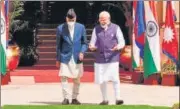  ?? REUTERS ?? Prime Minister Narendra Modi with his Nepal counterpar­t Sher Bahadur Deuba during a meet in New Delhi on April 2.