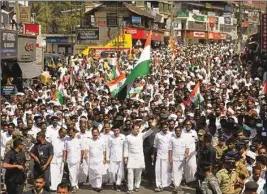  ??  ?? Congress leader Rahul Gandhi along with party leaders during the ‘Save the Constituti­on’ march at Kalpetta in Wayanad on Thursday