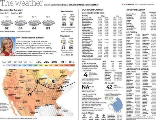  ??  ?? High pressure over the Atlantic keeps an easterly wind flow across South Florida. This maintains a steady stream of tropical moisture over us. Showers and storms will be likely.