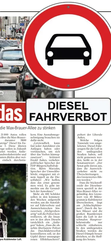  ??  ?? Die Max-Brauer-Allee ist besonders belastet vom Stickoxid der Dieselmoto­ren älterer Pkw. Regelmäßig zeigt die Luft-Messstatio­n mehr als 40 Mikrogramm Stickstoff­oxid p