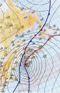  ??  ?? Surface analysis, 18Z Oct. 29, 1963 – Hurricane Ginny struck SW Nova Scotia as a strong Category 2 hurricane, the strongest to ever make landfall in Canada in recorded history.