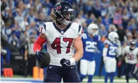  ?? Photograph: Michael Conroy/AP ?? Houston Texans fullback Andrew Beck celebrates his touchdown catch as his team make their way to victory over the Indianapol­is Colts.