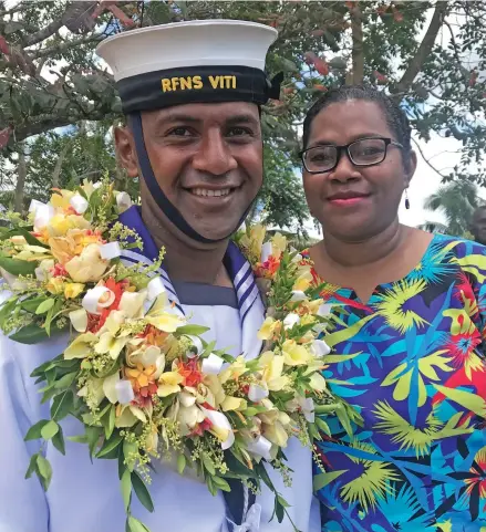  ?? Photo: Nacanieli Tuilevuka ?? Republic of Fiji Military Forces (RFMF) Naval Division ordinary seaman Nakuaivalu Tuwai with his wife Jimaima Tuwai on November 18, 2022.