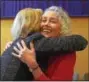  ?? PETE BANNAN — DIGITAL FIRST MEDIA ?? Newly elected Chester County Controller Margaret Reif gives newly elected Coroner Dr. Christina VanePol a hug, following their swearing-in ceremonies held at West Chester University Sykes ballroom Wednesday.