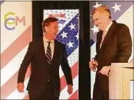  ?? Dan Haar / Hearst Connecticu­t Media ?? Ned Lamont, left, and Bob Stefanowsk­i before a 2018 debate.