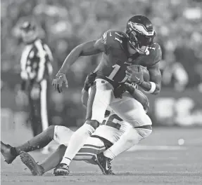  ?? BILL STREICHER/USA TODAY SPORTS ?? Eagles wide receiver A.J. Brown runs after a catch against the Giants during a divisional round playoff game on Jan. 21.