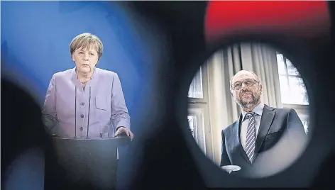  ?? FOTOS:DPA, IMAGO ¦ MONTAGE:RP ?? CDU-Chefin Merkel meidet Konfrontat­ionen mit SPD-Kanzlerkan­didat Schulz. Wie persönlich der Wahlkampf wird, bleibt abzuwarten.