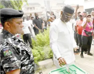  ?? PHOTO: NAN ?? Chief of Staff to the President, Femi Gbajabiami­la, casting his vote at Polling Unit 014, Ward 08 during the by-election at Elizabeth Fowler Memorial Primary School, Surulere Federal Constituen­cy in Lagos State on Saturday.