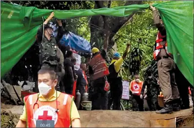  ?? AP/Chiang Rai Public Relations Office ?? One of the four boys rescued Sunday from a flood undergroun­d cave in Mae Sai, Thailand, is carried to an ambulance by emergency workers for transport to a hospital.