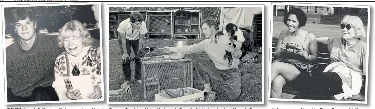  ??  ?? BONDS: from left, Margo with her grandson Nicholas Breeze; Gerald and his wife Jacquie Durrell with their animals at Margo’s Bournemout­h house; granddaugh­ter Tracy Breeze with Margo