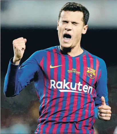  ?? ALBERTO ESTÉVEZ / EFE ?? Philippe Coutinho, con la camiseta de la temporada que viene, celebra el gol de la victoria