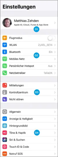  ??  ?? So bekommt man den Inhalt der App Einstellun­gen normalerwe­ise nicht zu sehen: alle Bereiche im Überblick, von Apple-ID und Flugmodus (links oben) bis zu Fremd-Apps (rechts unten).