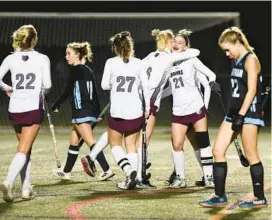  ?? PAUL W. GILLESPIE/BALTIMORE SUN MEDIA ?? Broadneck celebrates a goal in the fourth quarter as Bruins defeated the Walt Whitman Vikings, 3-0, in the Class 4A state field hockey semifinals at Paint Branch High School on Wednesday.