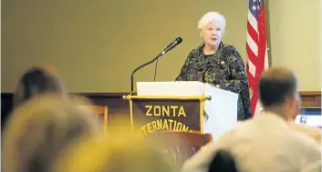  ?? JULIE JOCSAK/STANDARD STAFF ?? Ontario Lt.-Gov. Elizabeth Dowdeswell speaks at the 50th anniversar­y celebratio­n of the Zonta Club of Niagara Falls on Tuesday. Her visit also marked the anniversar­y of Persons Day, which celebrates the historic decision to include women in the legal...