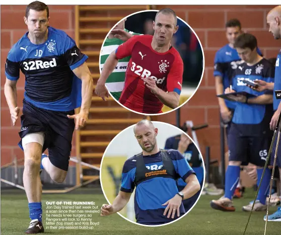  ??  ?? OUT OF THE RUNNING: Jon Daly trained last week but a scan since then has revealed he needs knee surgery, so Rangers will look to Kenny Miller (top inset) and Kris Boyd in their pre-season build-up