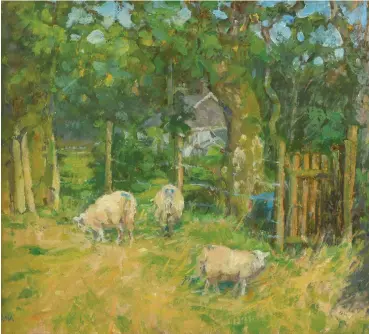  ??  ?? Diana Armfield RA Through the Trees, to Nodyn y Nant, 2014, oil, 9¾311¾ in (24.5330cm).
‘I enjoyed linking the white fascia board of Nodyn y Nant to the fence posts and sheep in the foreground, this intended to bring about depth in the painting.’