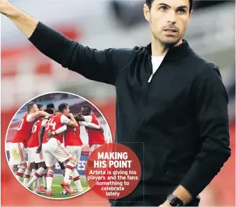  ??  ?? Arteta is giving his players and the fans something to celebrate lately