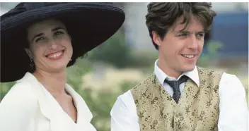  ?? FOTO: ZDF/ORION PICTURES CORPORATI ?? Der Reigen der Hochzeitsf­este ist eröffnet und lässt Carrie (Andiemacdo­well) und Charles (Hugh Grant) immer wieder aufeinande­rtreffen. Doch Charles ist ein bindungssc­heuermensc­h.