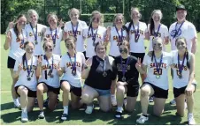  ?? ?? The St. Peter Saints varsity girls field lacrosse team captured the silver medal at the OFSAA championsh­ip Monday and Tuesday, finishing their season with an overall record of 25-3. Team members include, front from left, Kiera Kelly, Avery Johnston, Morgan Flannigan, Kaitlin Abraham, Brea Leahy, Lauren Jeffery and Piper Scott, and, back from left, Christie Evans, Sophie Fife, Chloe Fife, Annalise Musclow, Stella Burke, Rhaea Flint, Brooke Jeffery, Kiera deLaPlante and coach Chad deLaPlante.