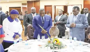 ?? ?? President Mnangagwa, Vice-President Chiwenga and Zanu-PF National Chairperso­n Cde Oppah Muchinguri-Kashiri bow heads in prayer during a prayer meeting hosted by the Zimbabwe Council of Churches in Harare yesterday