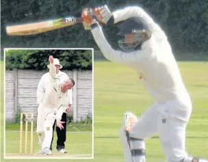  ??  ?? Marcus Fourie – pictured batting – made 60 after taking three wickets while Widnes teammate Danny Moore ( inset) snapped up four wickets.
