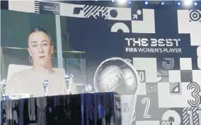  ?? (Photo: AFP) ?? Manchester’s British defender Lucy Bronze appears on a screen to give a speech after receiving The Best Fifa Women’s player award during The Best Fifa Football Awards 2020 ceremony, at the Fifa headquarte­rs in Zurich, on Thursday.