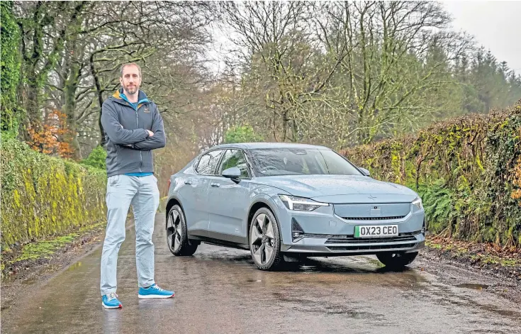  ?? ?? MODEL LOOKS: Jack jumped into the newly updated all-electric Polestar 2 to see round the new outlet and then Bridge of Weir Leather, which provides upholstery for the cars.