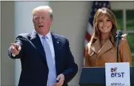  ?? Associated Press ?? ■ President Donald Trump points to someone in the audience as he stands next to first lady Melania Trump during an event Monday in the Rose Garden of the White House in Washington where she announced her initiative­s.