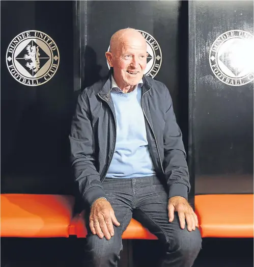  ??  ?? Above: looking back on fond memories: Finn Dossing in the dressing room at Tannadice. Left: Finn celebrates scoring Dundee United’s second at Dens in the memorable game of September 1965. Right: ‘the Mighty Finn’ in 1967.